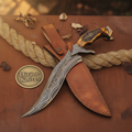 Stag Horn Trailing Point Bowie with Deep Curved Forged Blade and Leather Sheath