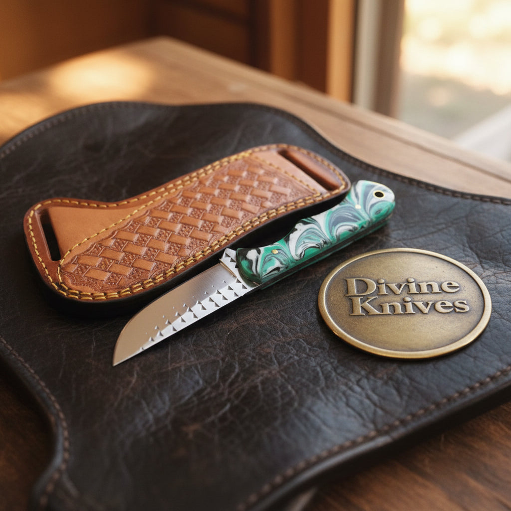 Green Swirl Resin Rasp Cowboy Knife with Clip Point Blade