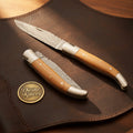 Olive Wood Damascus Laguiole Folding Knife with Natural Wood Scales