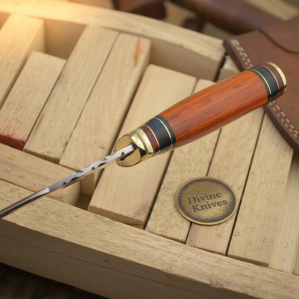Colorful Spacer Ring Damascus Knife with Natural Tan Wood Handle