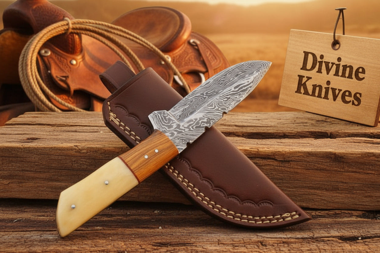 Bone and Wood Accent Damascus Knife Built for Field Dressing