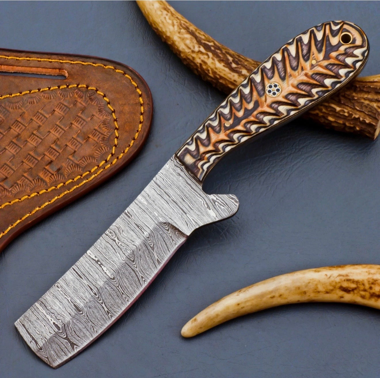 Orange Pinecone Damascus Bull Cutter for Ranch Work