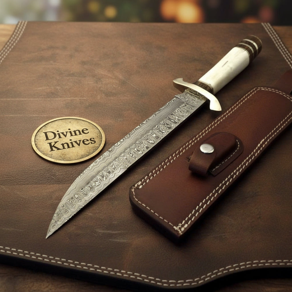 Bone Handle Bowie Dagger with Brass Guard and Sheath