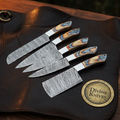 Blue Burl Wood Kitchen Knife Set of 5 with Cleaver, Santoku and Bread Blades