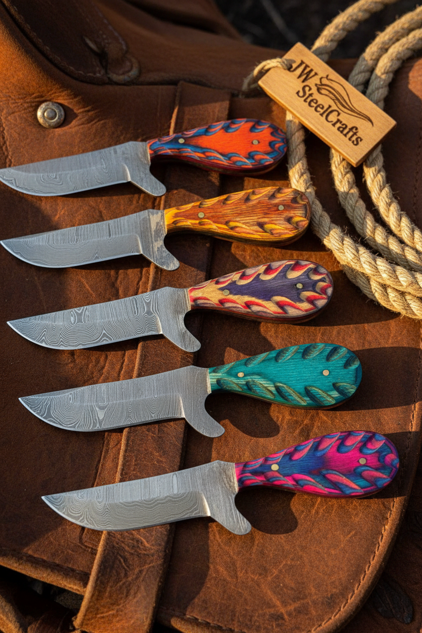 Saddle Point Cowboy Knife Set of 5 Handmade Damascus Wood Grain Resin Handle