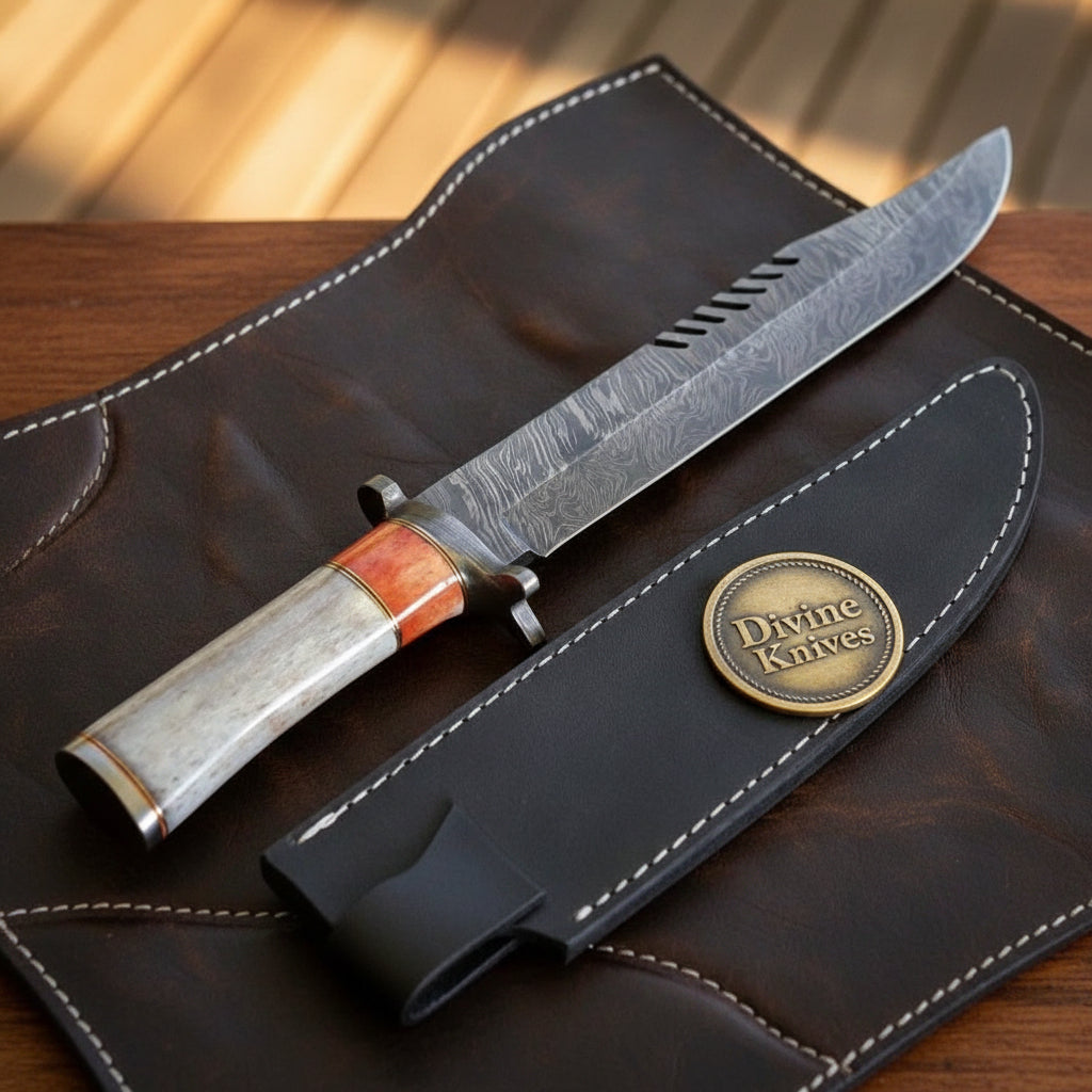Fullered Bone Handle Bowie Knife with Slotted Spine Cutouts and White Stitched Black Sheath