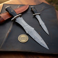 Horn Handle Dagger Knife Set of 2 with Steel Guard and Tooled Leather Sheath