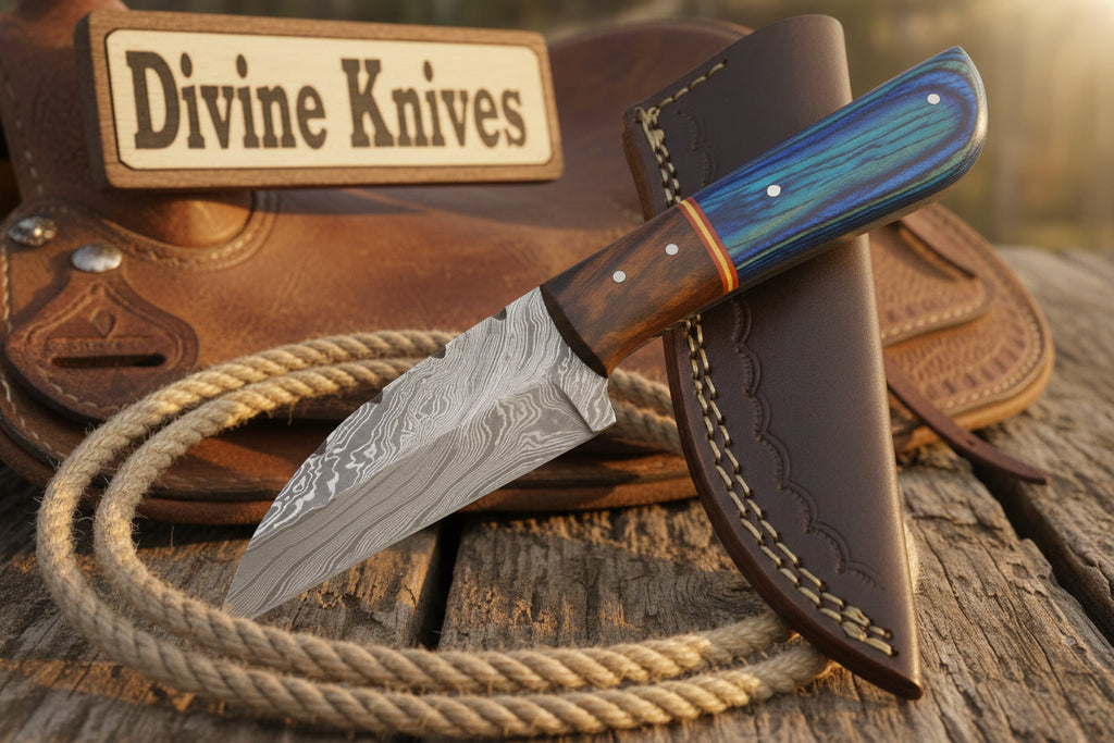 Blue Pakka Wood Damascus Knife with Contrasting Dark Wood Spacer