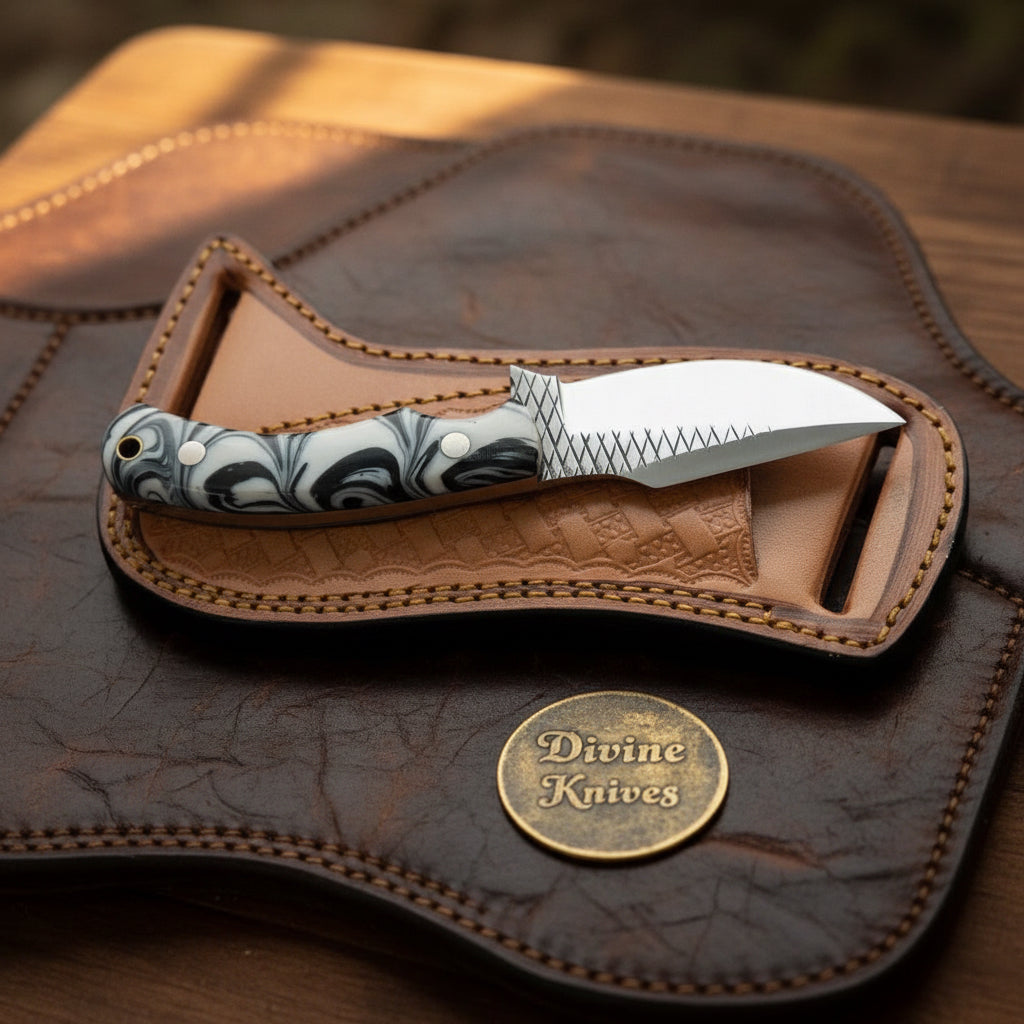 White Marble Resin Rasp Skinner Knife with Curved Rasp-Style Blade
