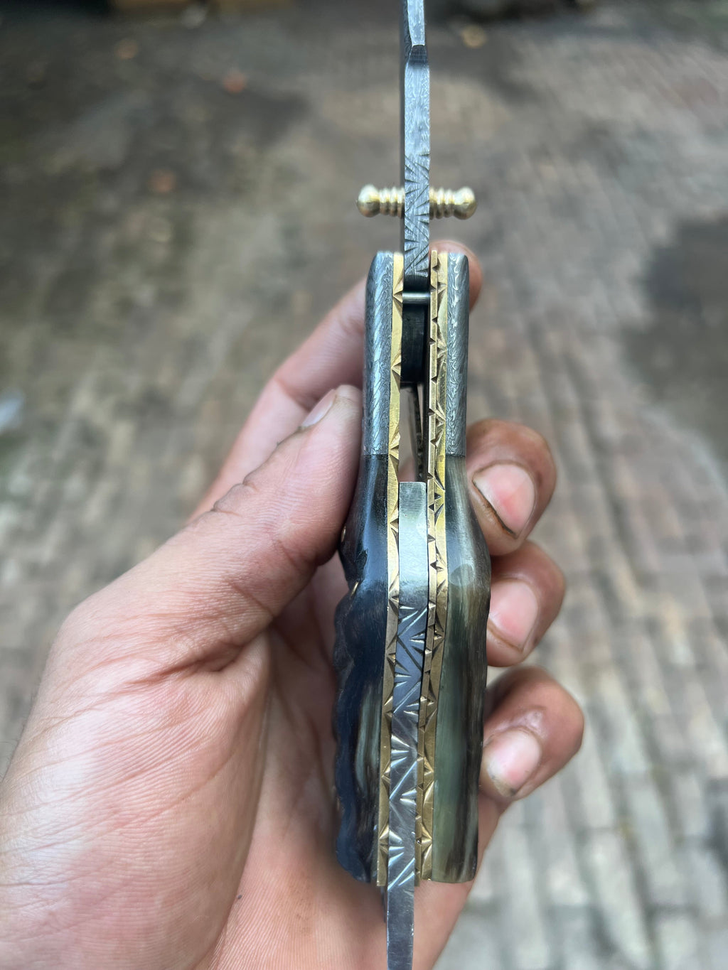 Pearlridge Damascus Folder 7" Handmade Mother of Pearl Lock Back