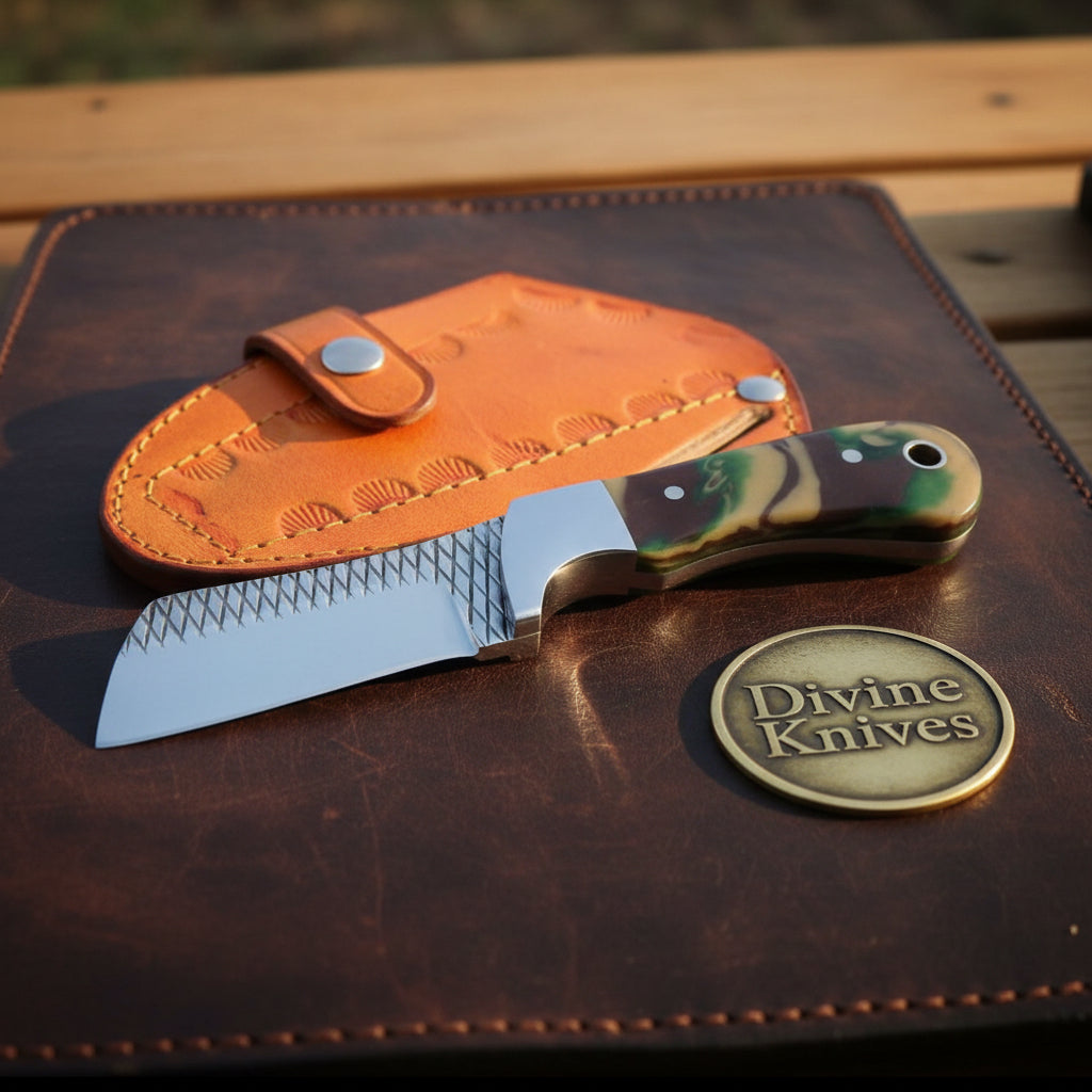 Camo Resin Rasp Bull Cutter Knife with Broad Fixed Blade