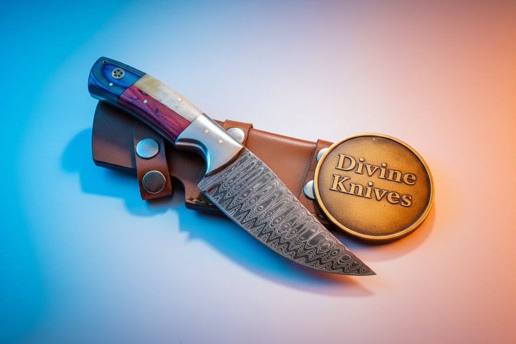 Damascus Texas Cowboy Hunter with Leather Sheath