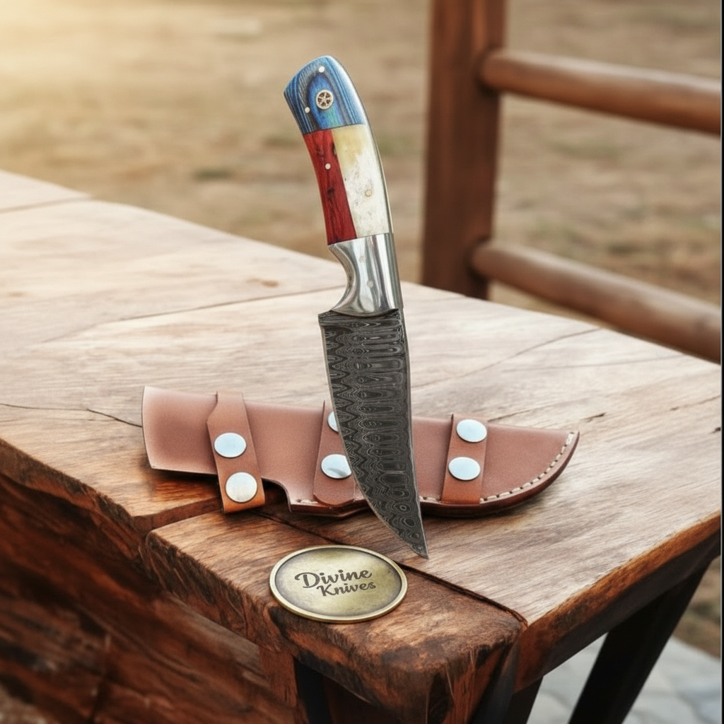 Damascus Texas Cowboy Hunter with Leather Sheath