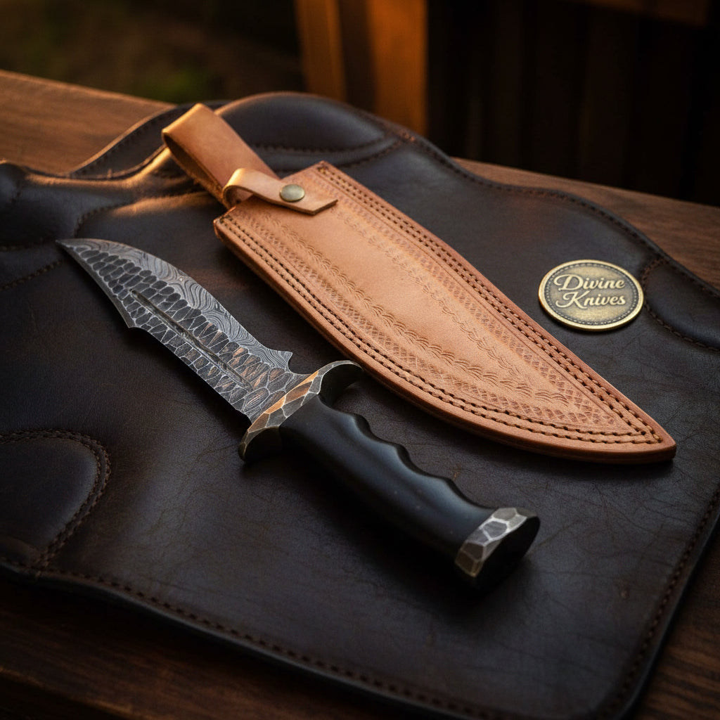 Forged Damascus Integral Bowie with Continuous Steel Frame