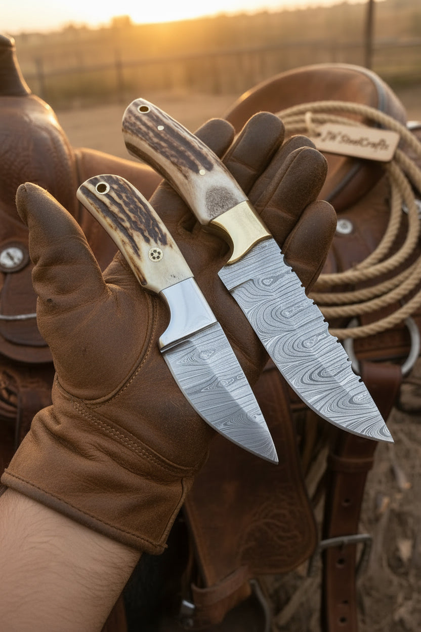 Twin Antler Hunter Knife Set of 2" Handmade Damascus Stag Horn Knife Pair