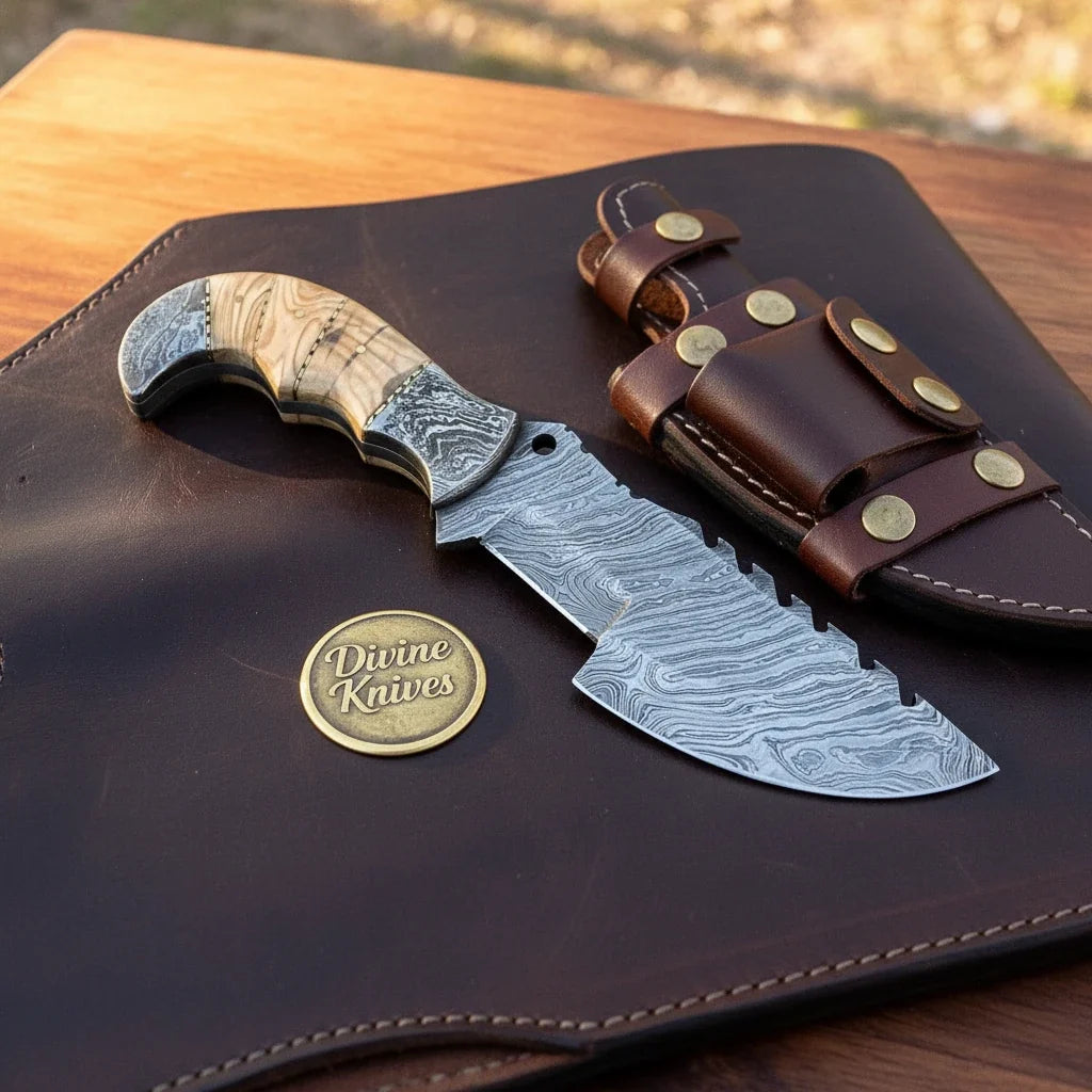 Sawback Tracker Bushcraft Knife with Olive Wood Handle & Leather Sheath