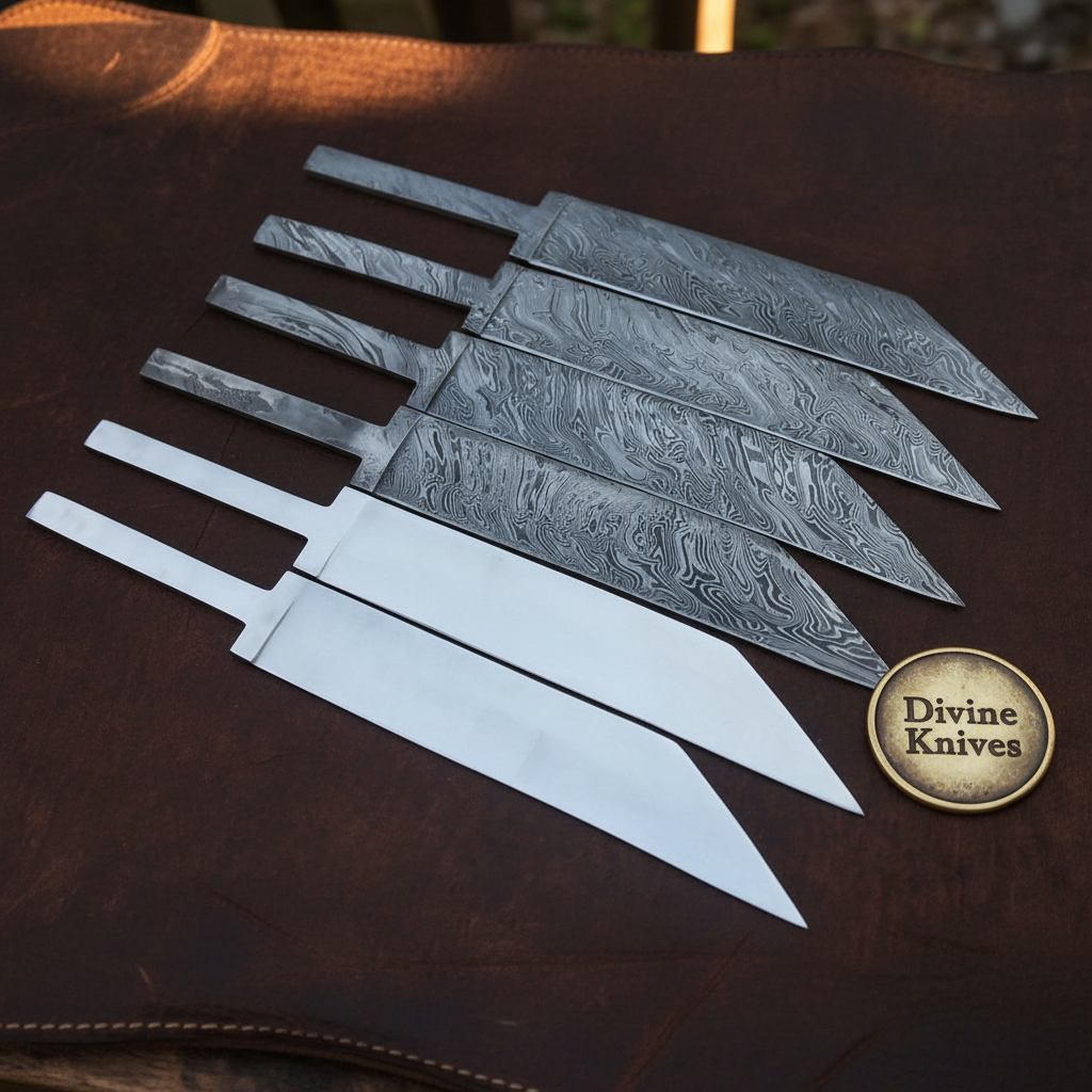6-Piece Damascus & Carbon Steel Seax Blade Blank Set