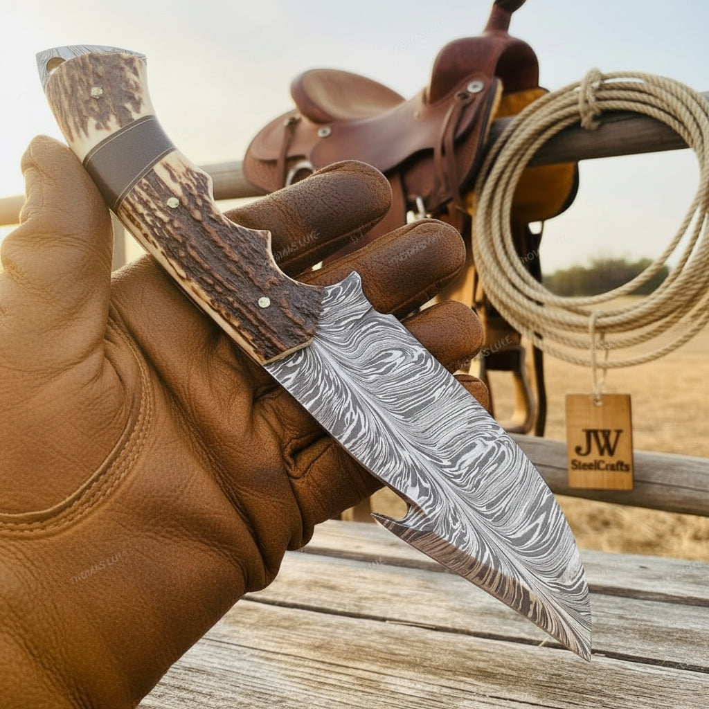 Rangeland Stag Hunter Knife 10" Handmade Damascus Black Bolster