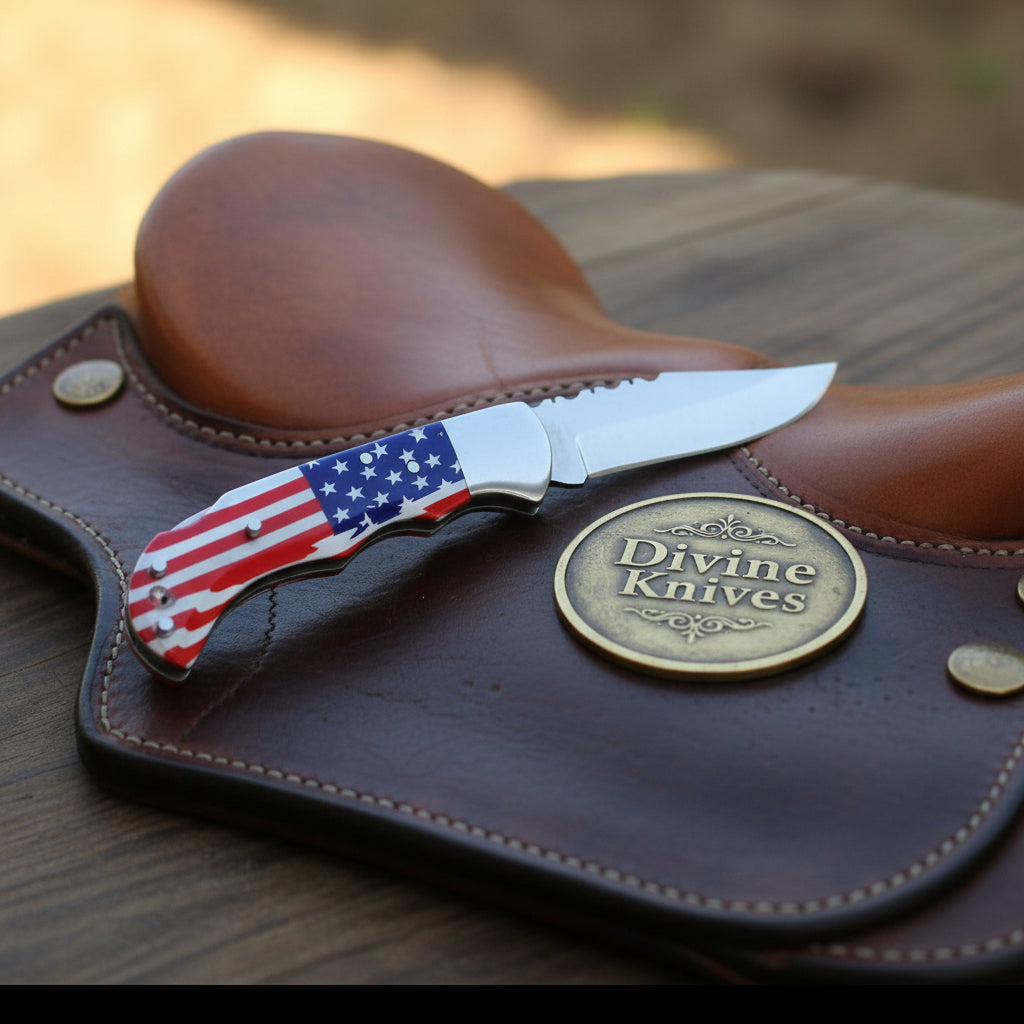 American Flag Lockback Pocket Knife with Patriotic Folding Blade