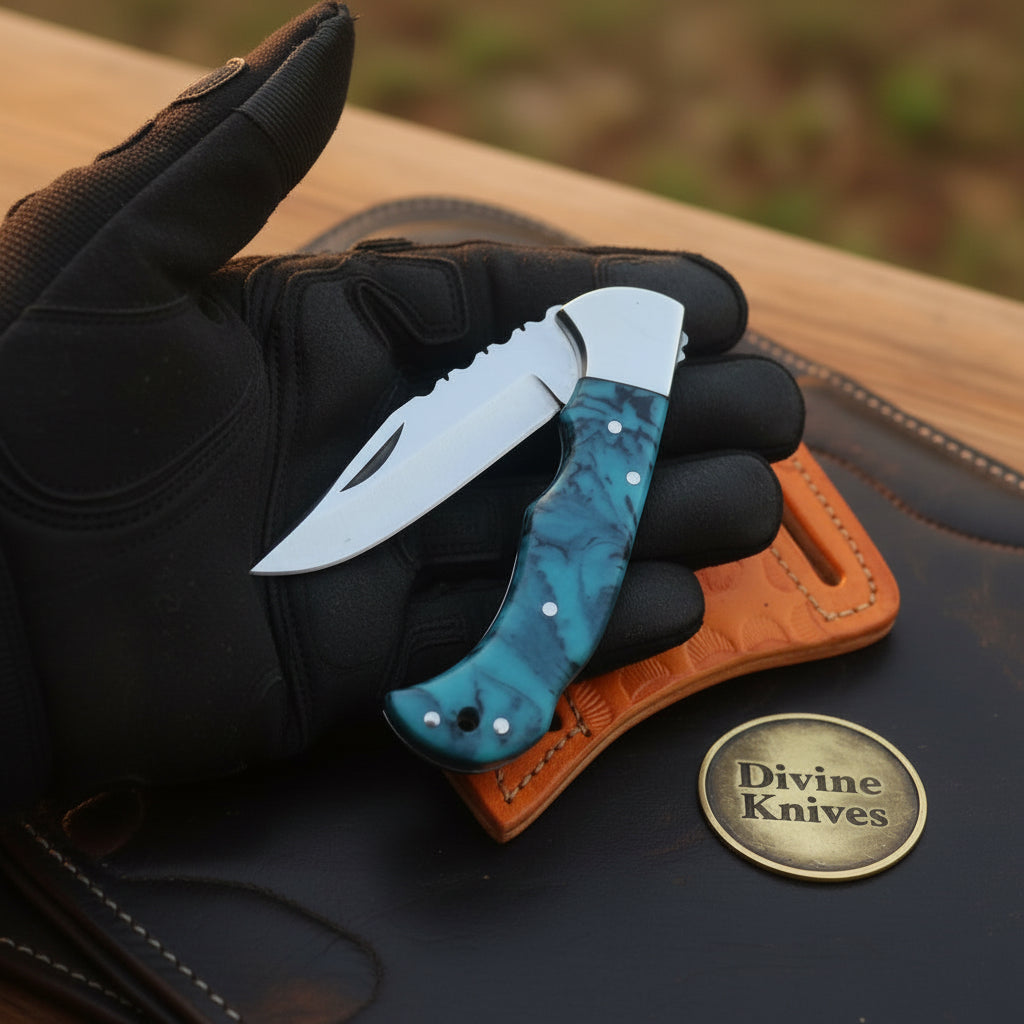 Teal Resin Lockback Pocket Knife with Carbon Steel Blade