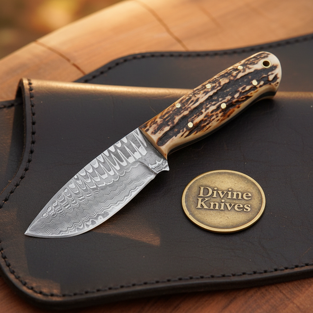 Stag Handle Ranch Skinner Knife with Forged Drop Point Blade and Basketweave Sheath