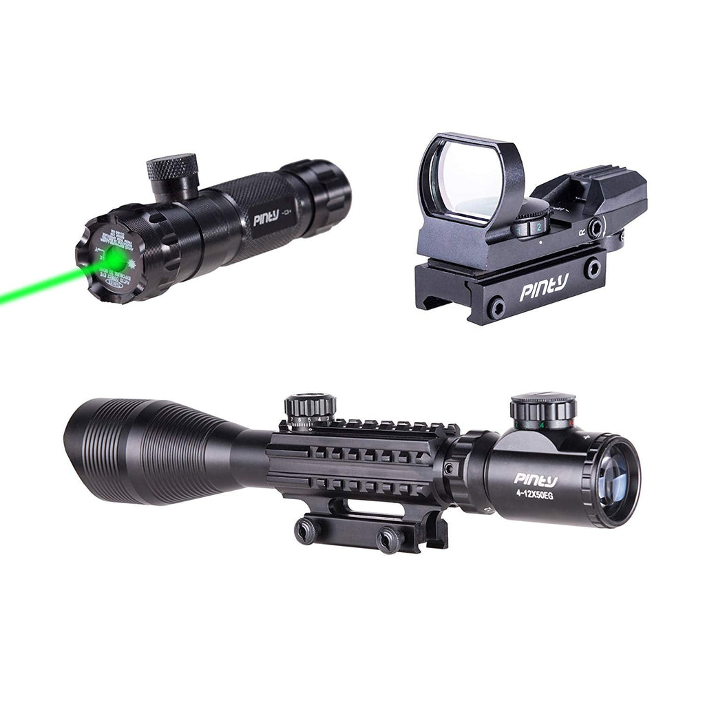 3-in-1 Rifle Scope Combo, 4-12x50mm Rangefinder Scope, Red&Green Reflex Sight, Green Laser