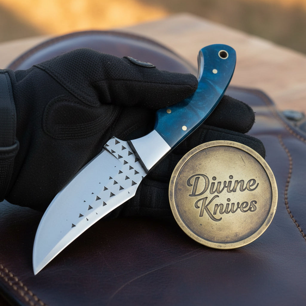 Blue Farrier Rasp Cowboy Belt Knife with Clip Point Blade