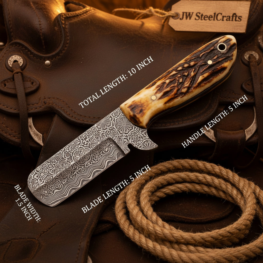 Damascus Engraved Antler Bull Cutter with Natural Stag Handle