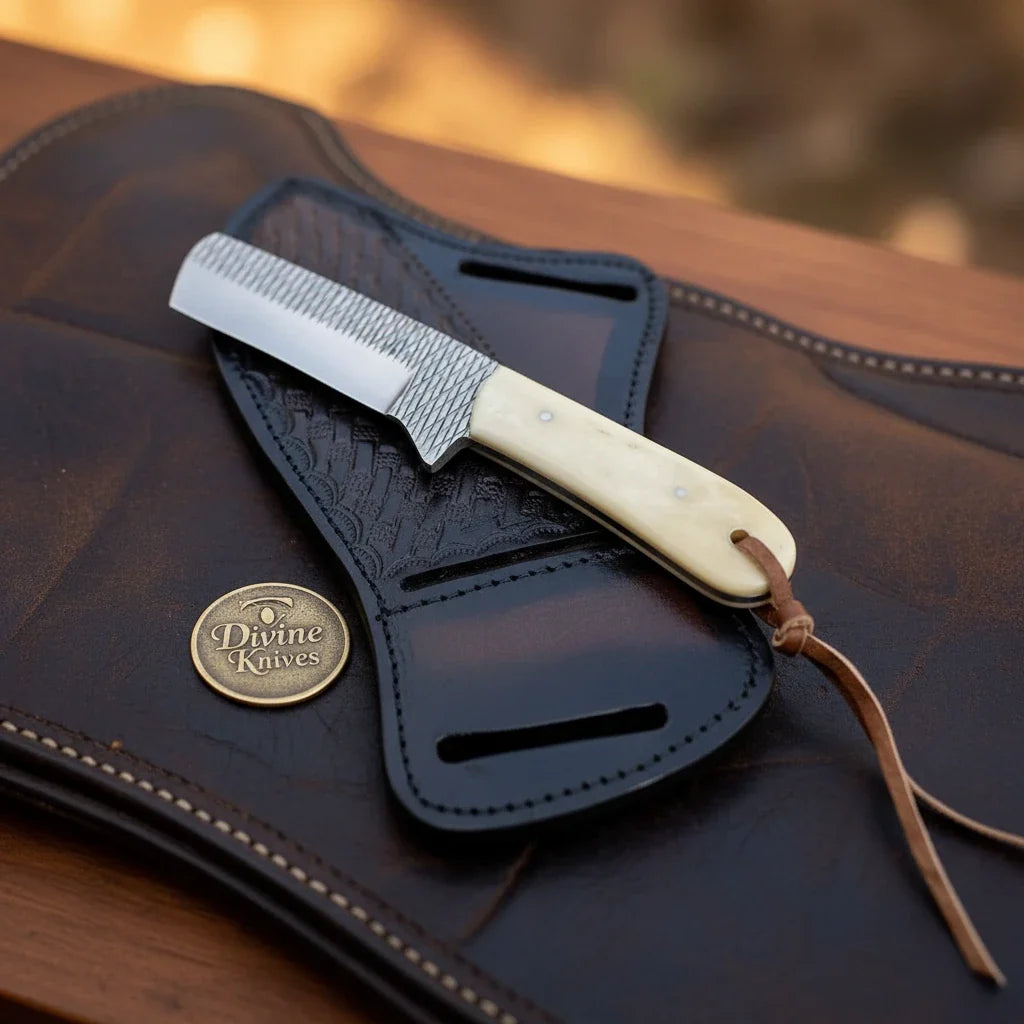 Rasp Steel Camel Bone Cowboy Bull Cutter with Natural Bone Handle