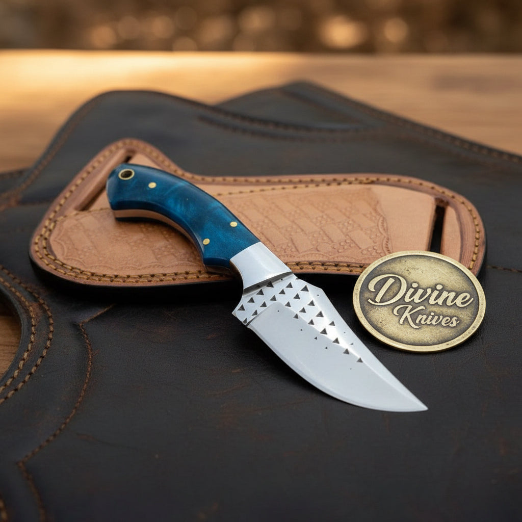 Blue Farrier Rasp Cowboy Belt Knife with Clip Point Blade