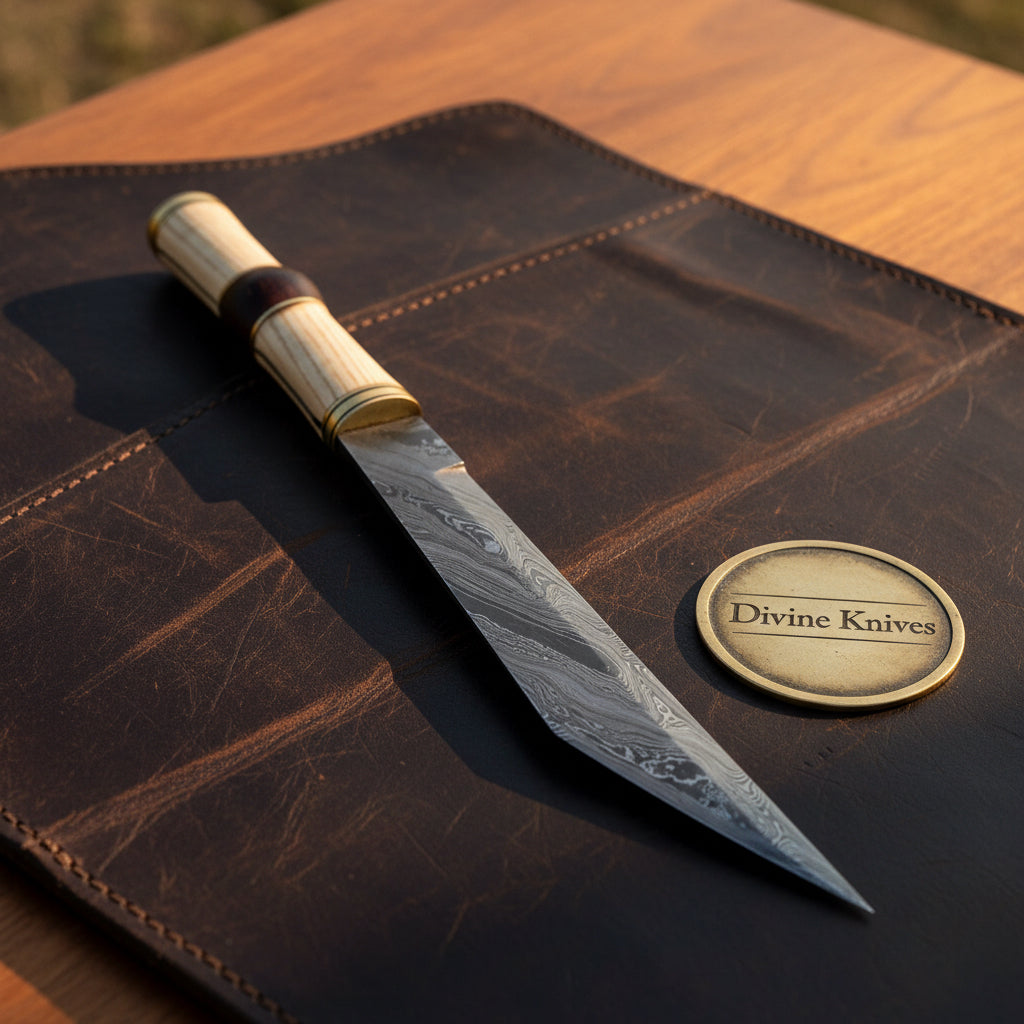 Barrel Grip Damascus Broken-Back Seax Knife with Bone and Wood Handle