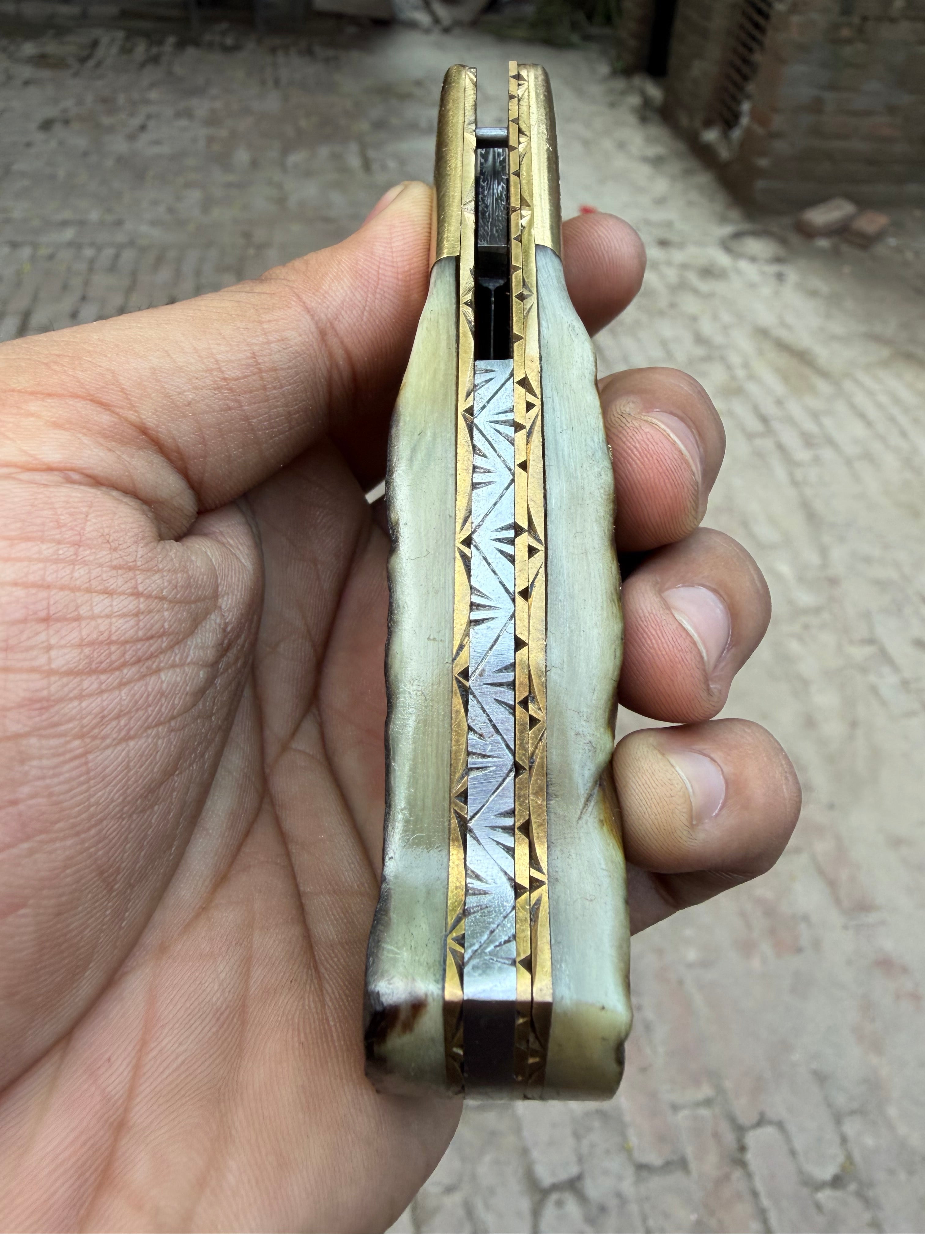 Stagline Damascus Folder 7" Handmade Horn Handle Damascus Bolster