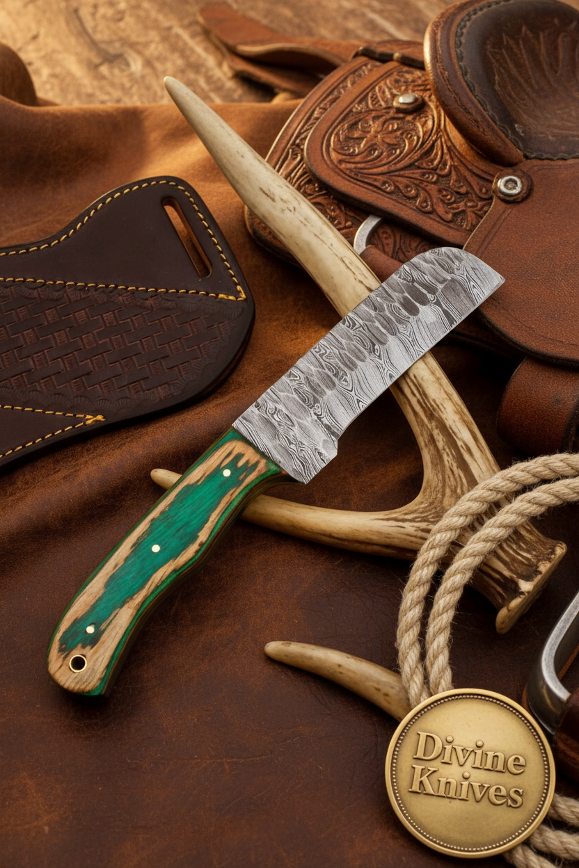 Wawona Cowboy Bull Cutter Knife with Squared Damascus Blade