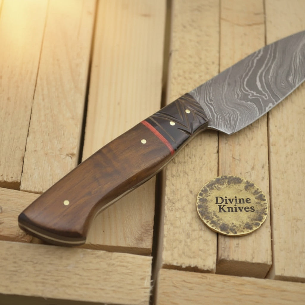 Brown Wood Damascus Knife Accented with a Bold Red Band