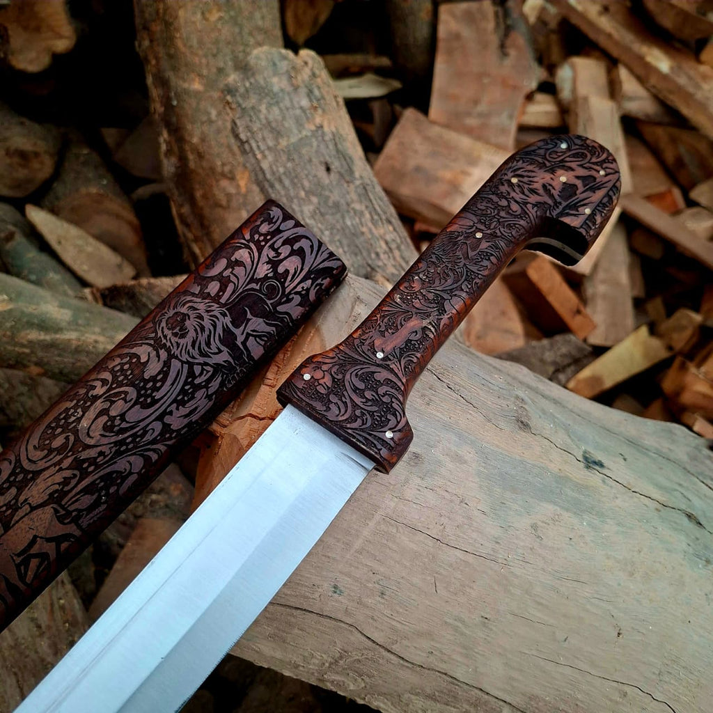 Bone Handle Damascus Knife with Handcrafted Tooled Sheath