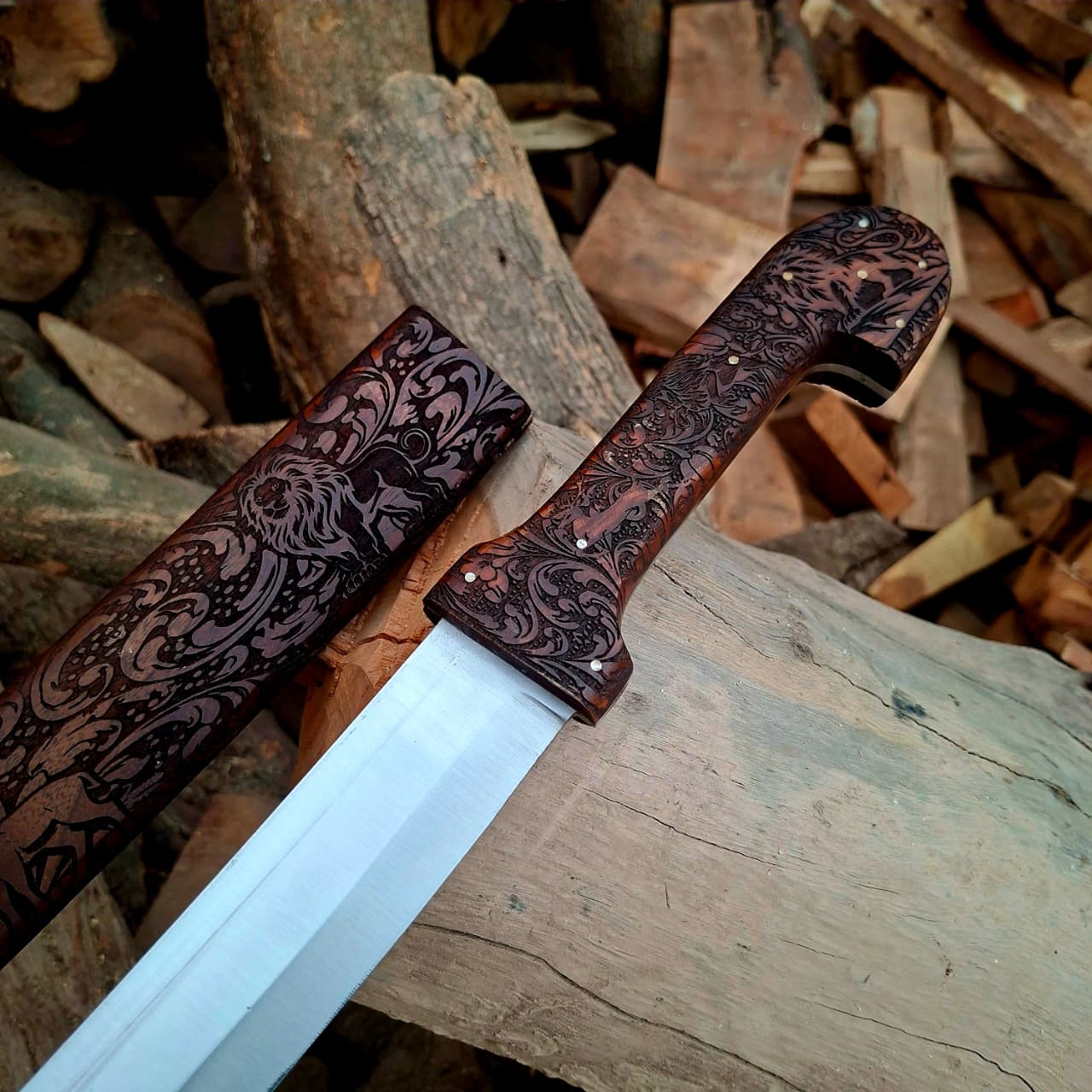 Bone Handle Damascus Knife with Handcrafted Tooled Sheath
