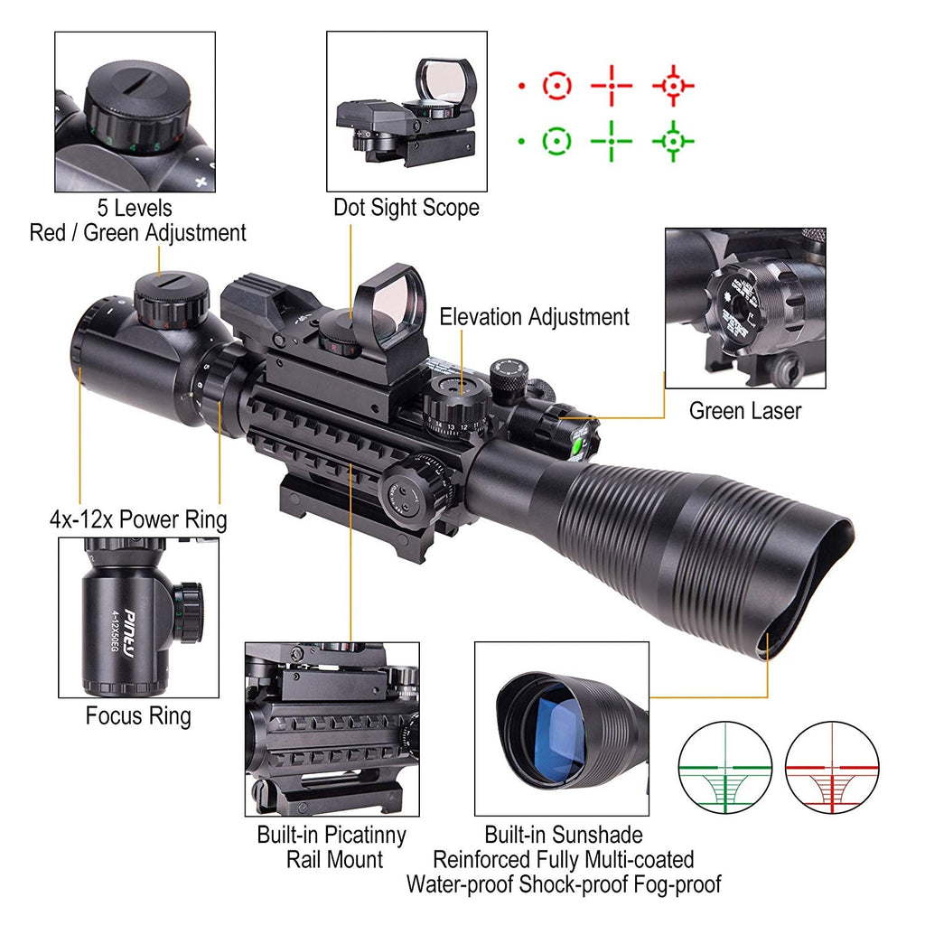 3-in-1 Rifle Scope Combo, 4-12x50mm Rangefinder Scope, Red&Green Reflex Sight, Green Laser