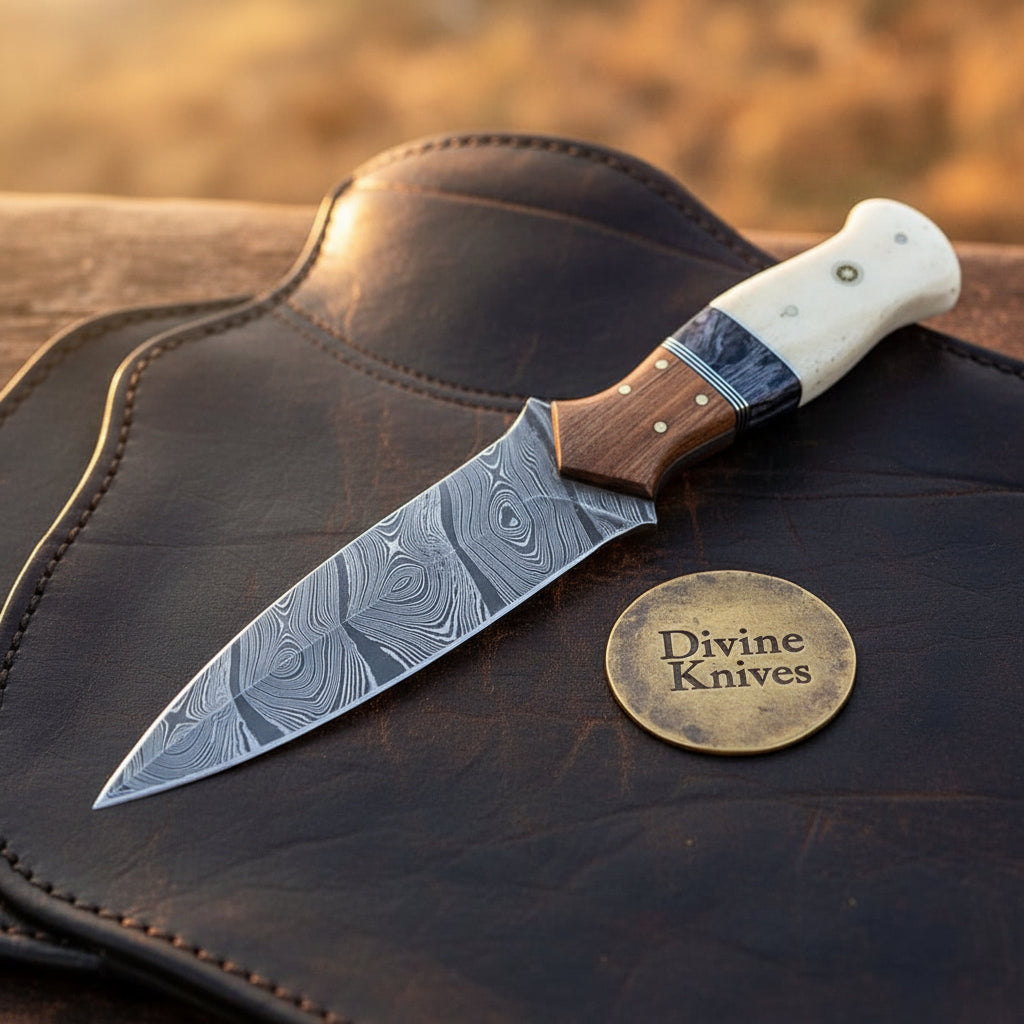Segmented Bone Damascus Boot Dagger with Segmented Bone and Wood Handle