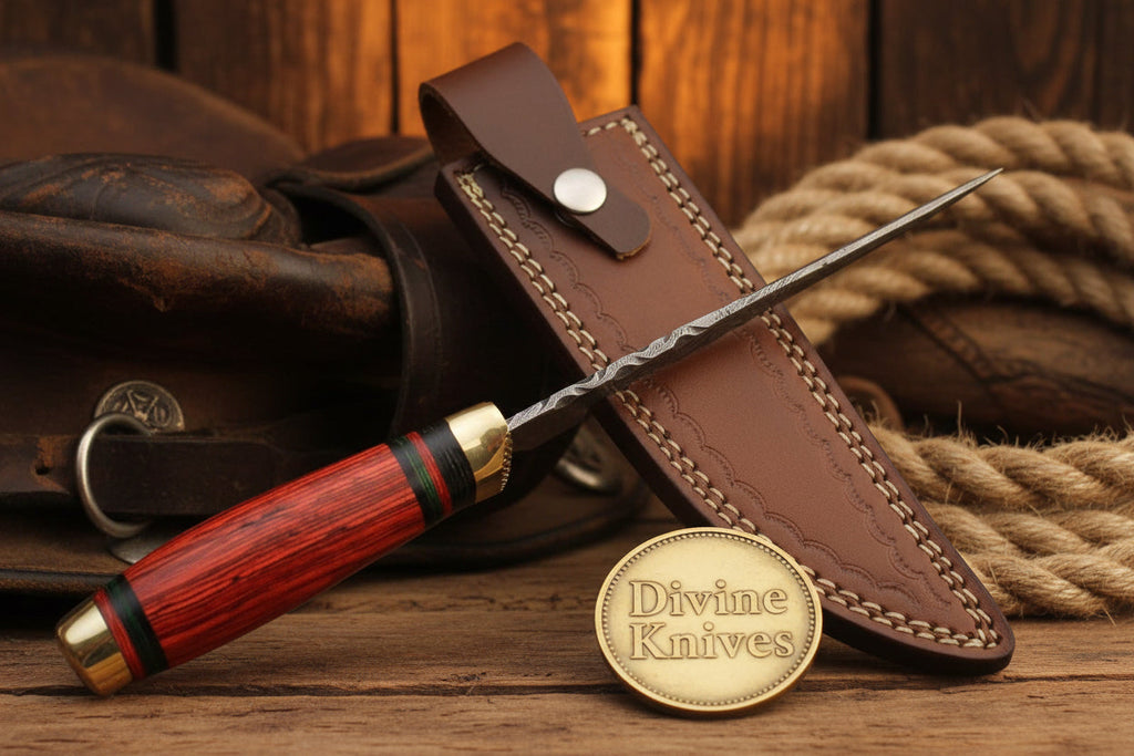 Field-Ready Damascus Gut Hook Knife with Rich Burgundy Wood Grip