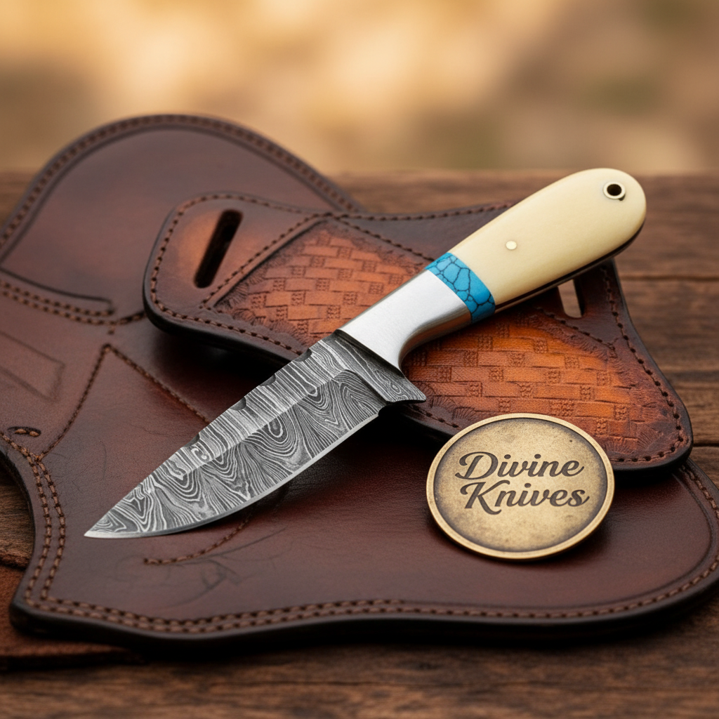 Bone & Turquoise Damascus Cowboy Skinner Knife with Leather Sheath