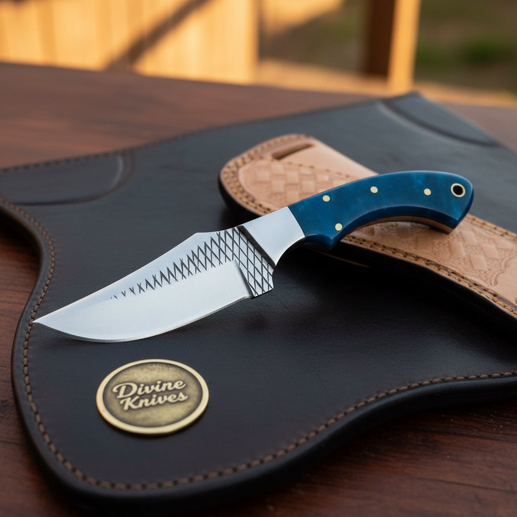 Blue Farrier Rasp Cowboy Belt Knife with Clip Point Blade