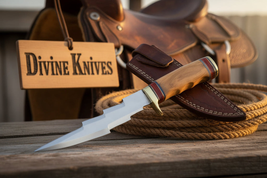Olive Wood Damascus Knife Accented with Red and Brass Rings