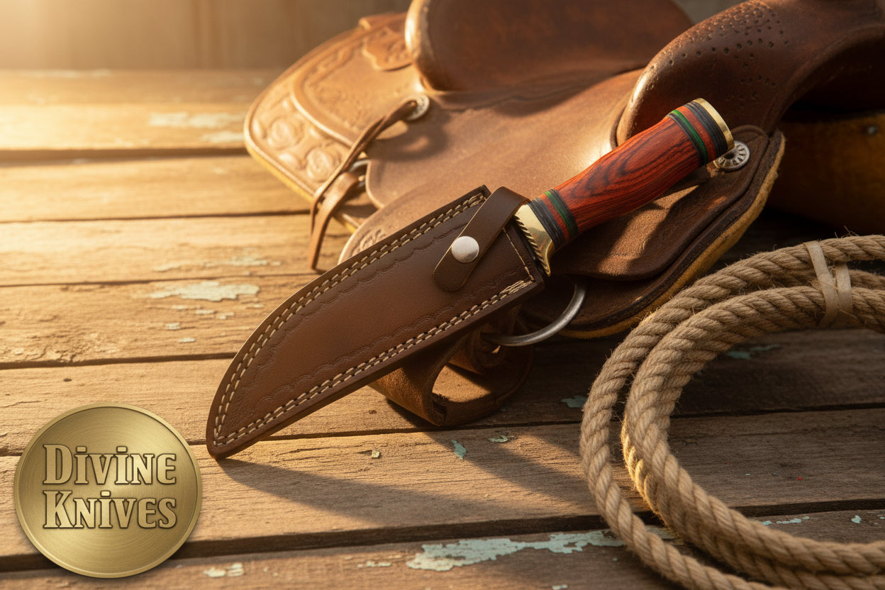 Field-Ready Damascus Gut Hook Knife with Rich Burgundy Wood Grip