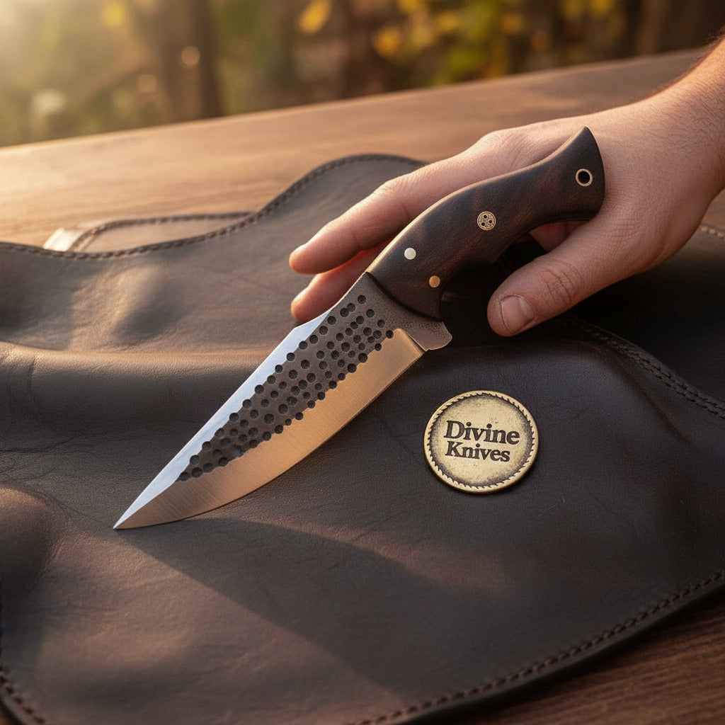 Hammer-Forged Dimpled Bushcraft Knife with Dark Wood Handle