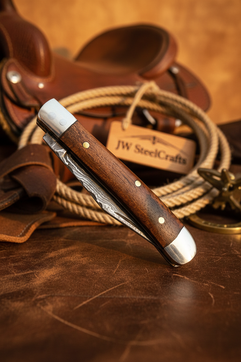 Rosewood Folding Knife 7.5" Handmade Damascus Steel Traditional Pocket Knife