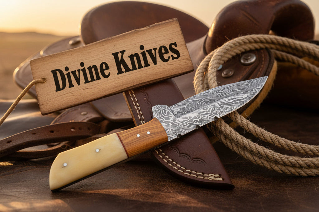 Bone and Wood Accent Damascus Knife Built for Field Dressing