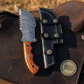 Rosewood Finger Groove Damascus Tracker Knife with Contoured Wood Handle