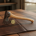 Rune Etched Norse Battle Axe with Gold Accents & Blue Stone Inlays