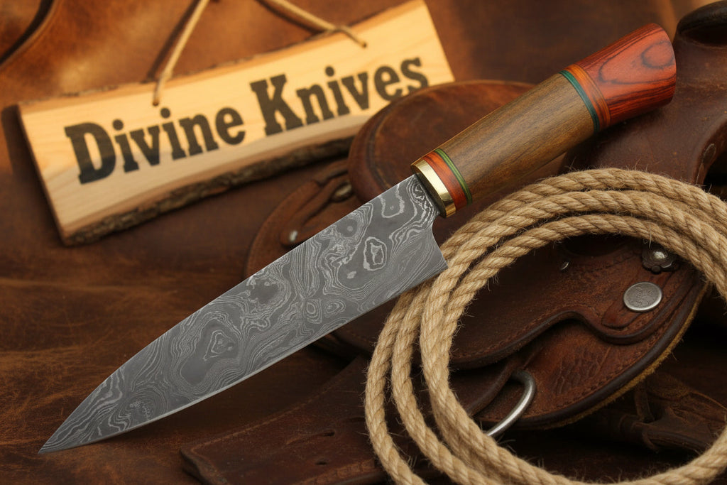 Red and Green Ring Accented Damascus Knife with Wood Tag