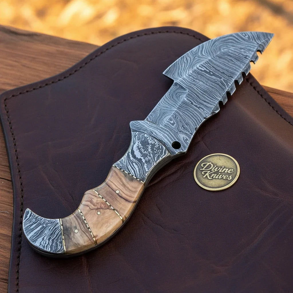 Sawback Tracker Bushcraft Knife with Olive Wood Handle & Leather Sheath